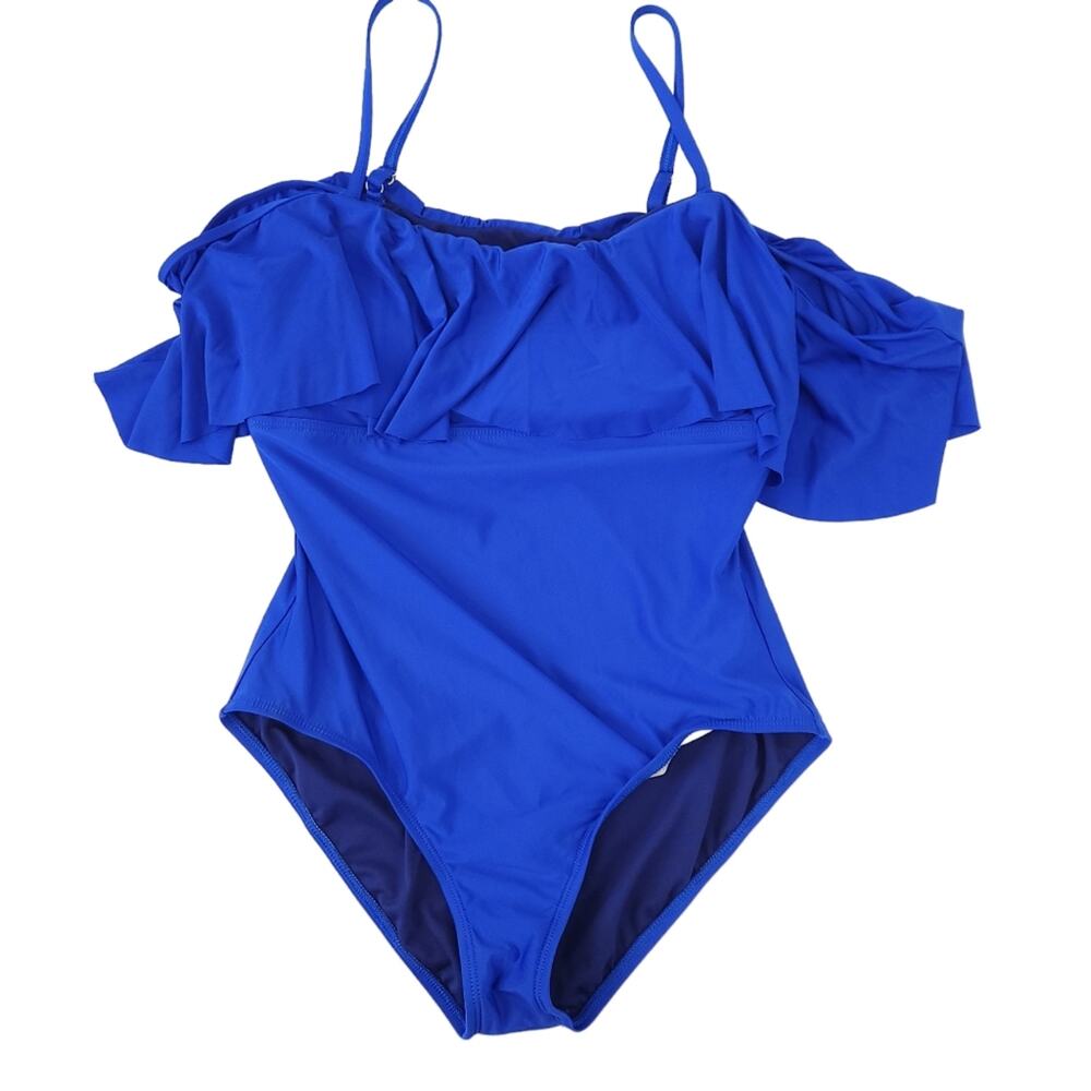 Athena One Piece Swimsuit Size 12 Blue, Flutter Ruffle Bathing Suit Modest Suit